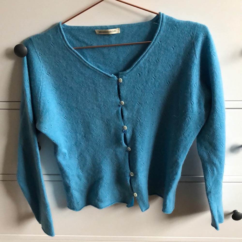 Pure cashmere Johnstons of Elgin blue cardigan (S)